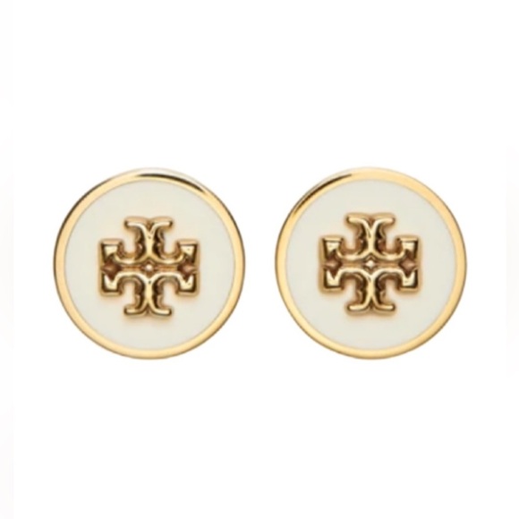 TORY BURCH • White Signature Logo Lacquer Enamel Stud Earrings - Picture 1 of 3